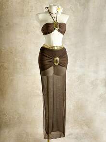 2026 New European & American Style Deep Brown Bandeau Metal Ring Crop Top + Mesh High Waist Maxi Skirt Sexy Vacation 2-Piece Set For Women - Brown - View 3