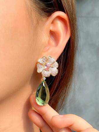 1 par de pendientes colgantes con flor rosa bonita y gota de agua verde grande de circonita cristalina, joyería nupcial chapada en oro para mujeres, novias, damas de honor, boda, compromiso, banquete, concurso de belleza, regalo de graduación