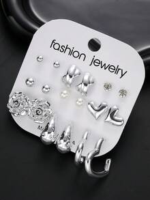18pcs Elegant Heart, Water Drop, Flower, Faux Pearl & Rhinestone Geometric Pattern Earring Set, Fashionable Jewelry Gift For Women, Suitable For Date, Party, Wedding, Birthday, Christmas, Daily Wear - Silver - View 5