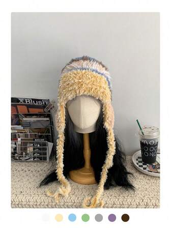 1 pieza Sombrero hecho a mano con orejeras, forrado de felpa y pesado, esponjoso y peludo para mujer. Gorro trampero grueso y cálido a prueba de viento para otoño/invierno. Gorro con orejeras esponjoso y colorido para ciclismo