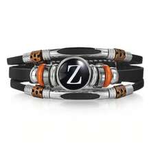 1pc Fashionable 26 English Letter Leather Bracelet, Handmade Adjustable Braided Bracelet For Men - Black - View 10