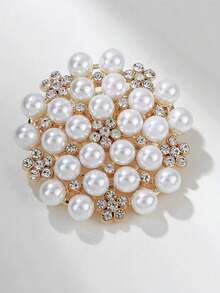 1件时尚水钻珍珠花朵胸针，欧美韩风经典百搭奢华独特夸张胸花配饰
