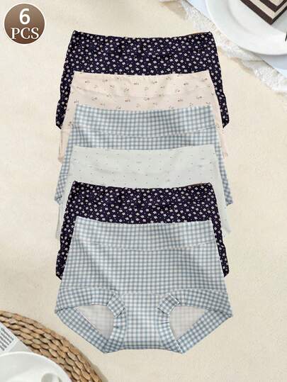 6PCS Women's Panties Fashionable And Fresh With Floral Heart Pattern Women's Casual Sports Underwear Soft And Comfortable Mid Waist Women's Boxer Briefs