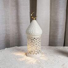 1 Metal LED Lantern Decorative Light With Intricate Hollowed-Out Patterns And Crescent Moon Decorations - Battery-Powered Desktop Home Decoration, Suitable For Weddings, Divali - Warm White Light (Excluding 3 AAA Batteries), Lantern, Lantern Decoration (Excluding Batteries) - Multicolor - View 8