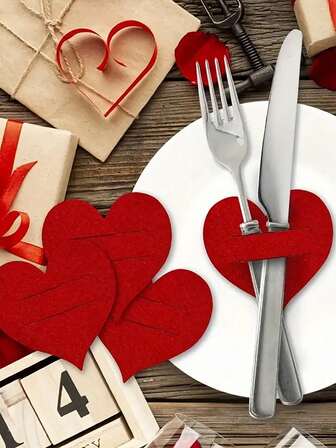 10pcs Red Heart Non-Woven Tableware Holders, Heart-Shaped Knife And Fork Covers Decoration Suitable For Weddings, Valentine' Day Parties, Romantic Table Setting Decor