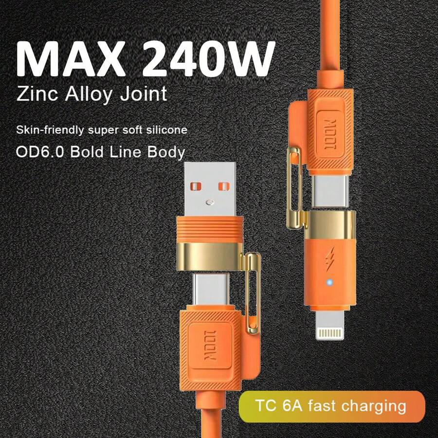 Cáp sạc nhanh đa năng 4 trong 1 240W USB A/Type-C/Lightning bằng silicon lỏng, truyền dữ liệu hiệu quả cao, sạc du lịch di động tương thích với iPhone 17/16/15/14/13/12, S24 Ultra/S24/S23 Ultra/S23/S22/S21, cáp dữ liệu đa năng - Nhiều màu - Xem 1