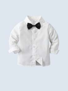 BOARNSEORL 3pcs Baby Boys Gentleman Outfit Set - White Long Sleeve Shirt With Bow Tie, Plaid Vest, And Pants, Fashionable & Cute, Suitable For Birthday Party, Family Gathering, Evening Event - Apricot - View 7