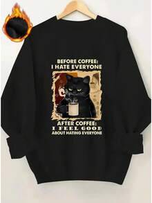 Women's Funny Coffee Cat Sweater - Pastel Pink With "Before Coffee I Hate Everyone" Saying - Thickened Pullover Sweater For Coffee Lovers - Soft Pink Sweater For Everyday Or Formal Outfits - Funny Gift For Women - Machine Washable All-Season Casual Sweater With Black Cat & Coffee Print - 黑色 - 查看 4