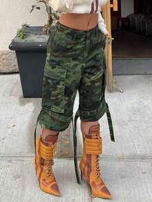 Camouflage Side Tie Cargo Mid-Shorts Women's Mid-Rise Streetwear Canvas Shorts - xanh quân đội - Xem 4