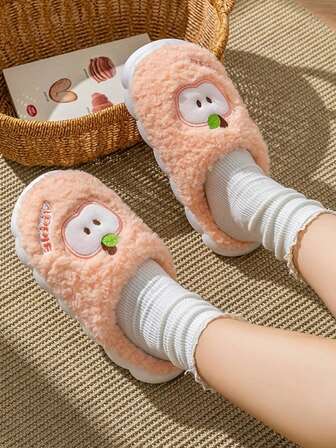 Pantuflas de mujer con diseño de manzana, cálidas y de moda, nuevas pantuflas planas antideslizantes para interiores, aptas para todas las estaciones, con suela gruesa, pantuflas casuales unisex de dibujos animados con fruta naranja