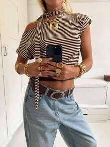 夏季新款条纹露肩上衣，性感挂脖系带设计，斜肩修身短款T恤 - 棕色 - 查看 8