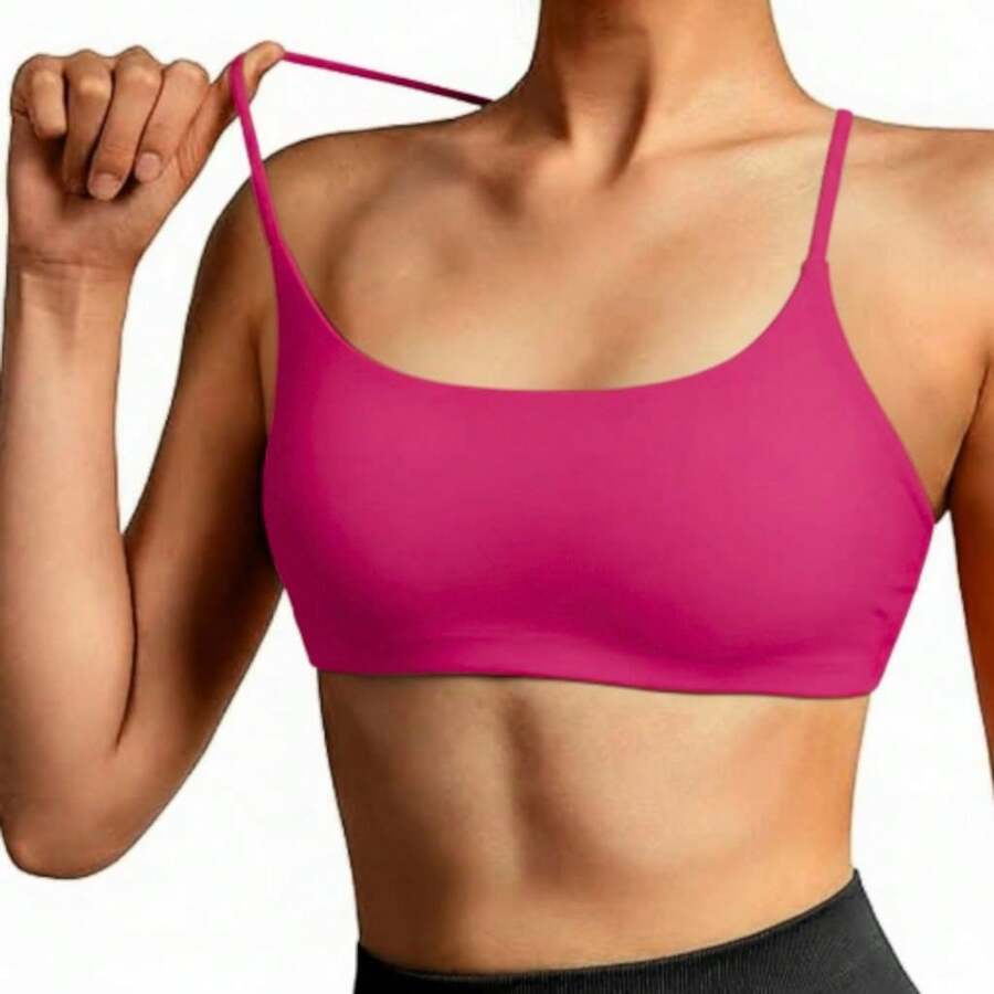Gym Top Double Strapless Padded Thin Strap Zero Transparency Fashion Colors - 玫紅色 - 查看 1