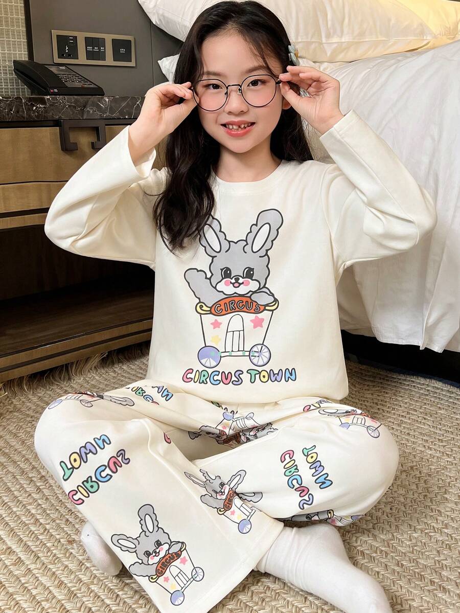 Autumn/Winter New Girls 2-Piece Set Round Neck Children's Pajamas Simple Cartoon Cute Letter Print Loungewear - Apricot - View 1