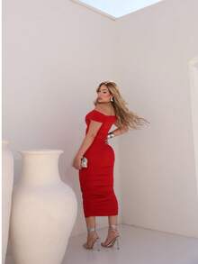 Vestido midi vermelho sensual elegante vestido longo sexy, vestido para natal vestido veraão para mulheres sofisticadas em suplex - Vermelho - Visão 2