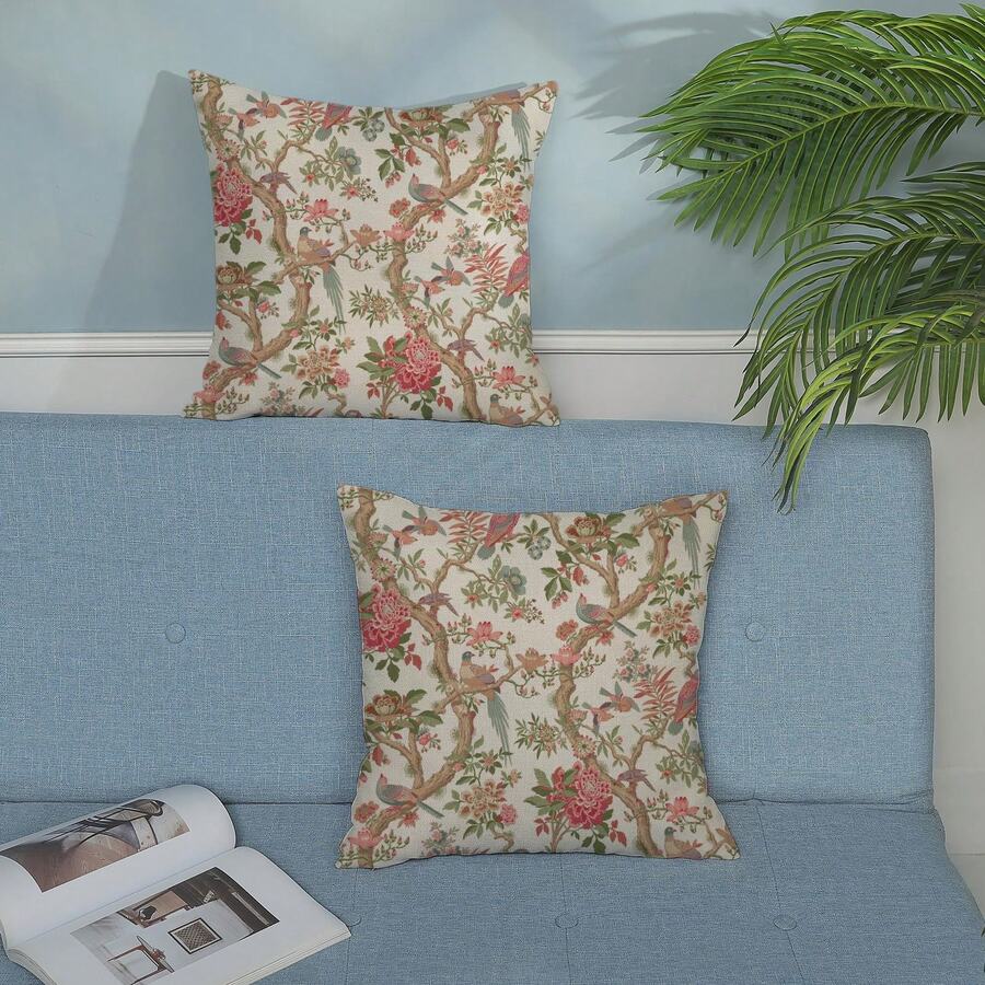 1pcs Faux Linen Pink Vintage Floral Pillow Covers 18x18 Inch Preppy Pink Cream Rustic Toile Chinoiserie Flower Decor Throw Pillows Outdoor Decoration Pillowcase Linen Cushion Cover For Couch Sofa Bed Single-Sided Print Without Zipper - 粉色 - 查看 1