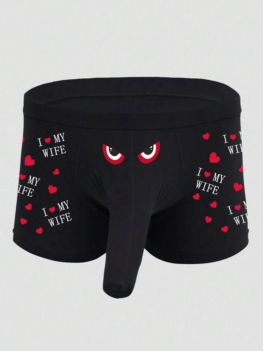 男士趣味眼睛、字母和心形印花透气弹性腰部日常三角裤，带大象裤袋 - 黑色 - 查看 1