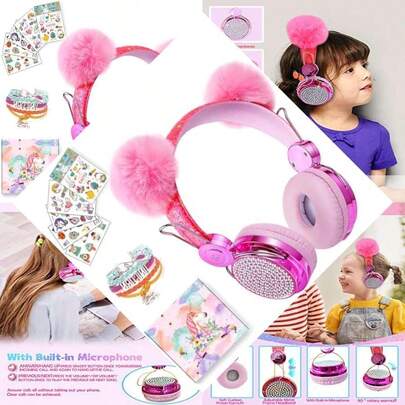 Wireless Headphones for Kids, Cat Ear Bluetooth 5.0 Over Ear Headphones with Microphone for Multiple Devices, Foldable Gaming Headset (pink)