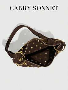 Crescent-Shaped Hollow Leather Crossbody Bag, Minimalist Design, Suitable For Shopping And Commuting, Showcasing Fashionable Personalized. The Crescent-Shaped Shoulder Bag Is Decorated With Gold Rivets, Punk Style Crossbody Bag, Essential Item For Autumn Holidays. - Coffee - View 5