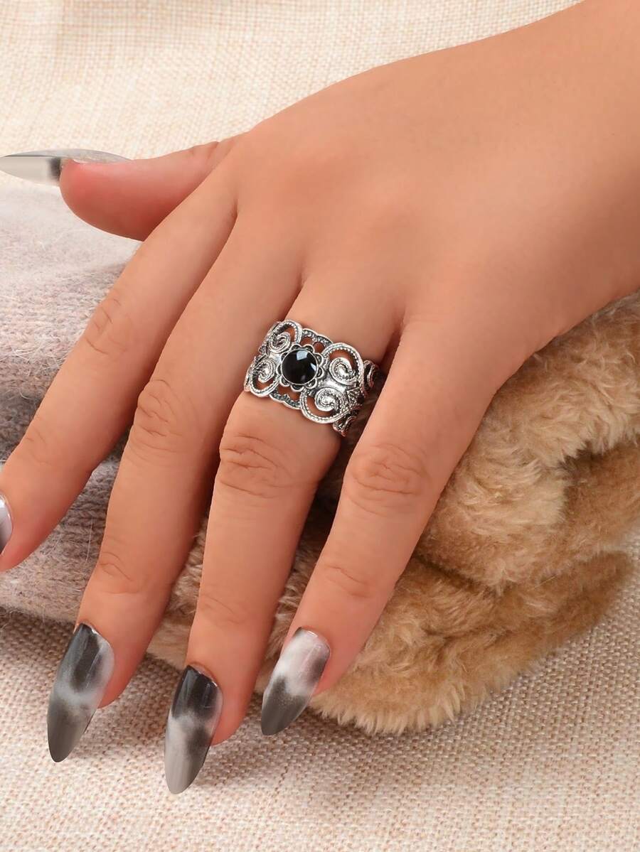 Hollow Out Cuff Ring - Antique Silver - View 1
