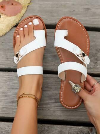 Sandalias cómodas con tira en el dedo para mujer, de unicolor y verano, sandalias planas versátiles para uso diario y uso en casa