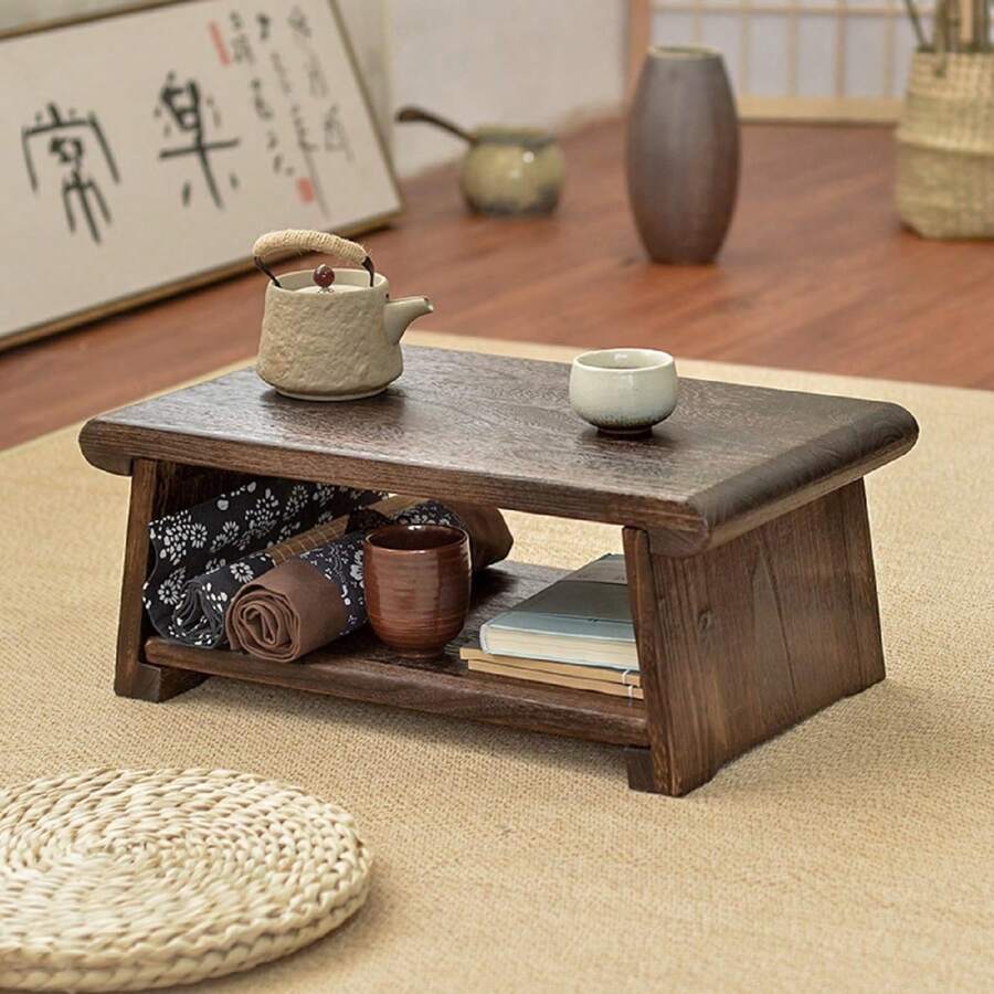 kangten Gdrasuya10 Folding Altar Table Meditation Table, Small Floor Ta Ble For Spiritual 2-Tier Japanese Shelf Vintage Puja Tab-Le Zen Style Storage Shelf Wooden Coffee Ta-Ble For Displaying Jars Books A Nice Gift - 20英寸 - 查看 1
