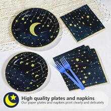Grencian Gold Star Moon Party Plies - 96Pcs Moon And Stars Party Plies Plates And Napkins Navy Blue Celestial Hanging Crescent Disposable Tableware For Celestial Birthday Decorations Serve 24 - Xanh navy - Xem 4