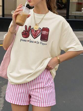 Blusa holgada de manga corta con estampado de paz y amor para mujer talla grande, adecuada para el verano, Año Nuevo Chino, Año Nuevo Lunar, Año del Caballo, Festival de Primavera, Feliz Año Nuevo, Día de San Valentín, regalo de Día de San Valentín, regalo para ella en Día de San Valentín, etc.