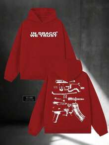 Men Printed Hooded Sweatshirt, Cotton Polyester Blend Loose Pullover Top, Breathable Outdoor Sport Autumn Winter Daily Fashion Printing Apparel - 紅色 - 查看 11