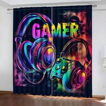 2 Peças de Cortinas com Tema de Jogador, com Design Vibrante de Fone de Ouvido e Controle - Decoração de Privacidade de Arte Moderna para Quarto, Sala de Estar, Escritório ou Dormitório - Tecido de Poliéster, Lavável em Máquina, Decorações para Sala de Jogos, Impressão Plana 2D - Multicolorido - Visão 5