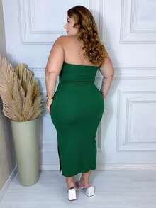 Sexy Green Plus Size Premium Ribbed Dress With Leg Slit - 墨綠色 - 查看 3