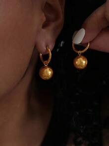 1 Pair Stainless Steel Ball Pendant Earrings, Gold Color Jewelry Suitable As Gift - Yellow Gold - View 2