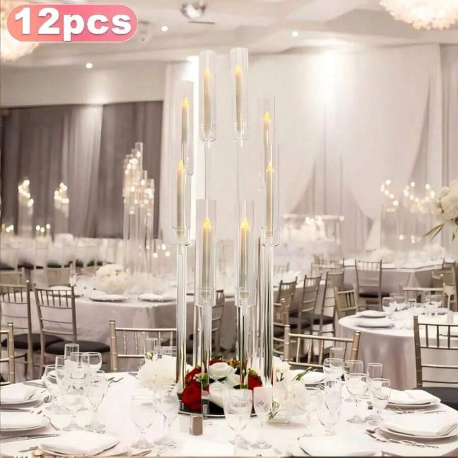 12PCS 8 Arm Acrylic Candelabra Candle Holder For Wedding,38.5inch Tall Clear Candlestick Holders With Shade For Anniversary Tables Party Valentine's Day Event Dinner Decoration (Fit 0.8" Led Candles) - 8頭燭台 - 查看 1