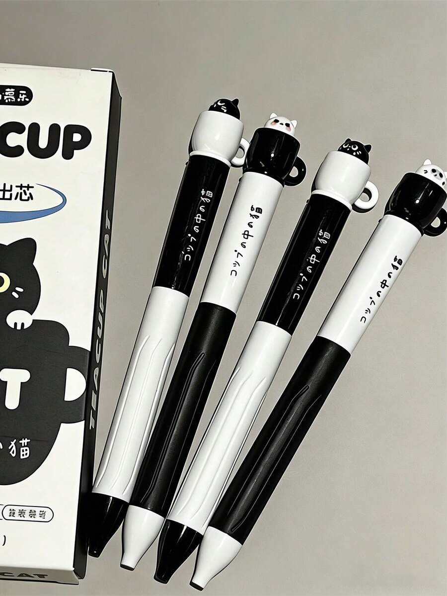 2/4pcs Cute Cat Rotating Refill Erasable Gel Pens, 0.5mm Quick-Drying Ink Pens For Students, Exams, Office, Signatures - Black - View 1