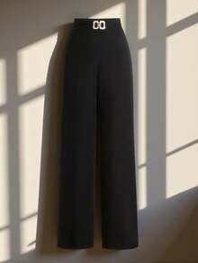 黑色高腰搭扣设计修身直筒休闲裤 - 黑色 - 查看 2