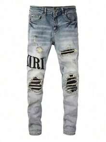 European And American  Brand High Street American Jeans Men's Thread Insertion Process, Holes And Random Lines Patch Elastic Slim Men's Pants - 淺色水洗藍 - 查看 1