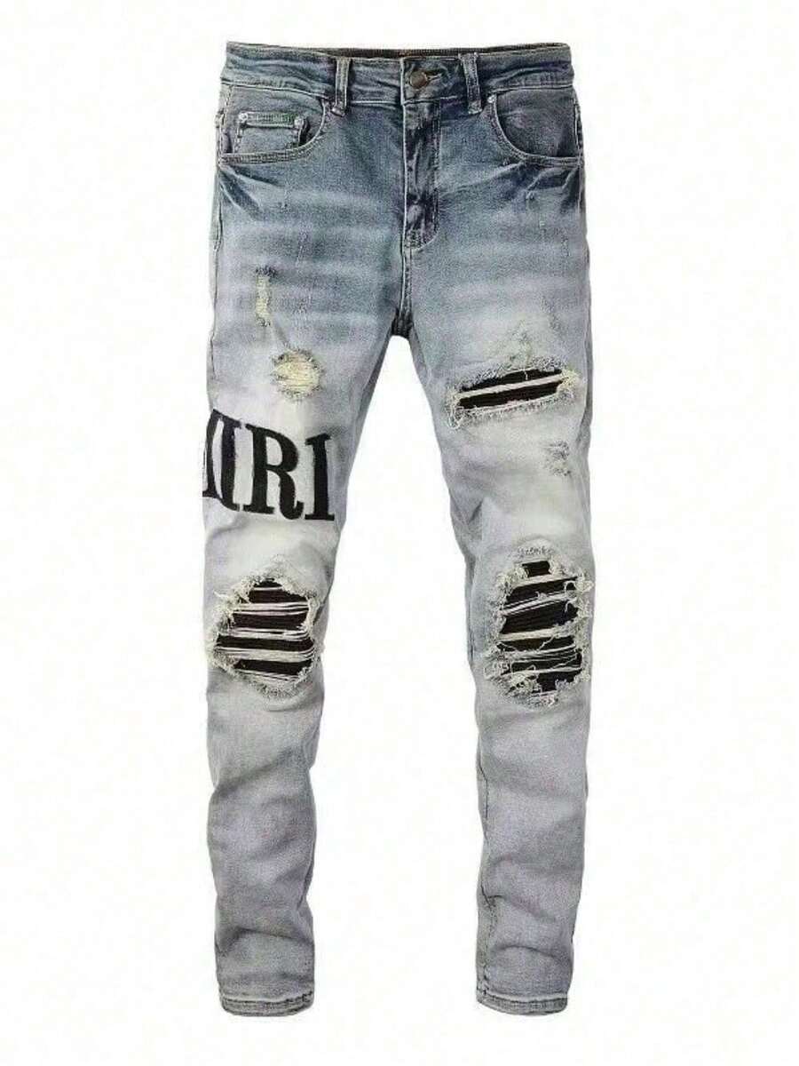 European And American  Brand High Street American Jeans Men's Thread Insertion Process, Holes And Random Lines Patch Elastic Slim Men's Pants - 淺色水洗藍 - 查看 1