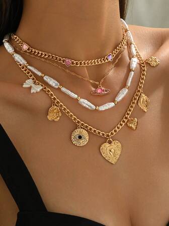 Set de 4 collares colgantes multicapa con corazón y trébol de perlas, estilo lindo y punk Y2K, versátil para mujer en uso diario, commute, fiesta, festival, regalo de San Valentín, fiesta temática, regalo de joyería