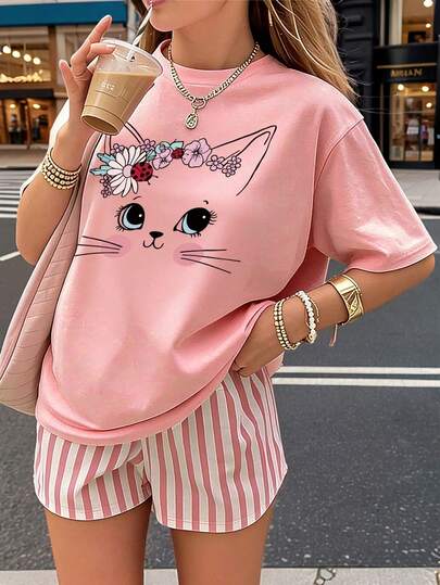 Camiseta de manga corta con estampado de gato de dibujos animados informal para niñas preadolescentes, verano