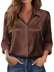 Women's Solid Satin Long Sleeve Shirt, Button Front, Shirt Collar - Suitable For Office Casual Wear In Spring, Summer, Autumn And Winter - Coffee Brown - View 3