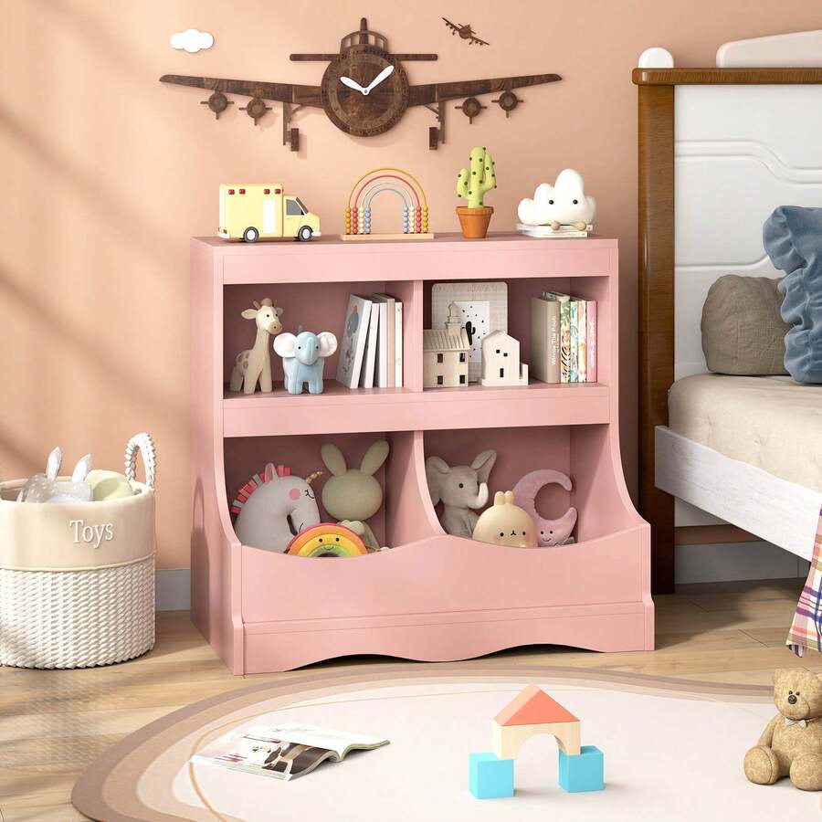 Lifezeal Toy Storage Organizer For Toys & Books 4-Cubby Kids Bookcase For Children's Room White/Pink/Gray - Pink - View 1