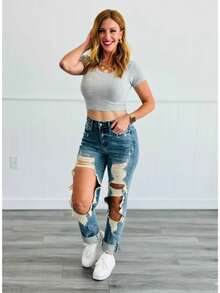 Women's Casual Ripped Washed Denim Jeans Long Tapered Carrot Style With Button And Zipper Details, High Stretch Fabric For Sexy Elegant Look - 中等水洗藍 - 查看 10