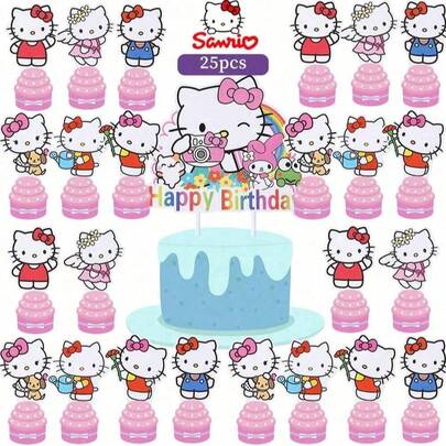 25pcs Hello Kitty Cake Decorating Set, Pink Girl Party Cake Toppers