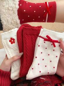 4双装女士红色袜子，适合中国新年，蝴蝶结和自然装饰图案，中筒袜，冬季款 - 彩色 - 查看 6