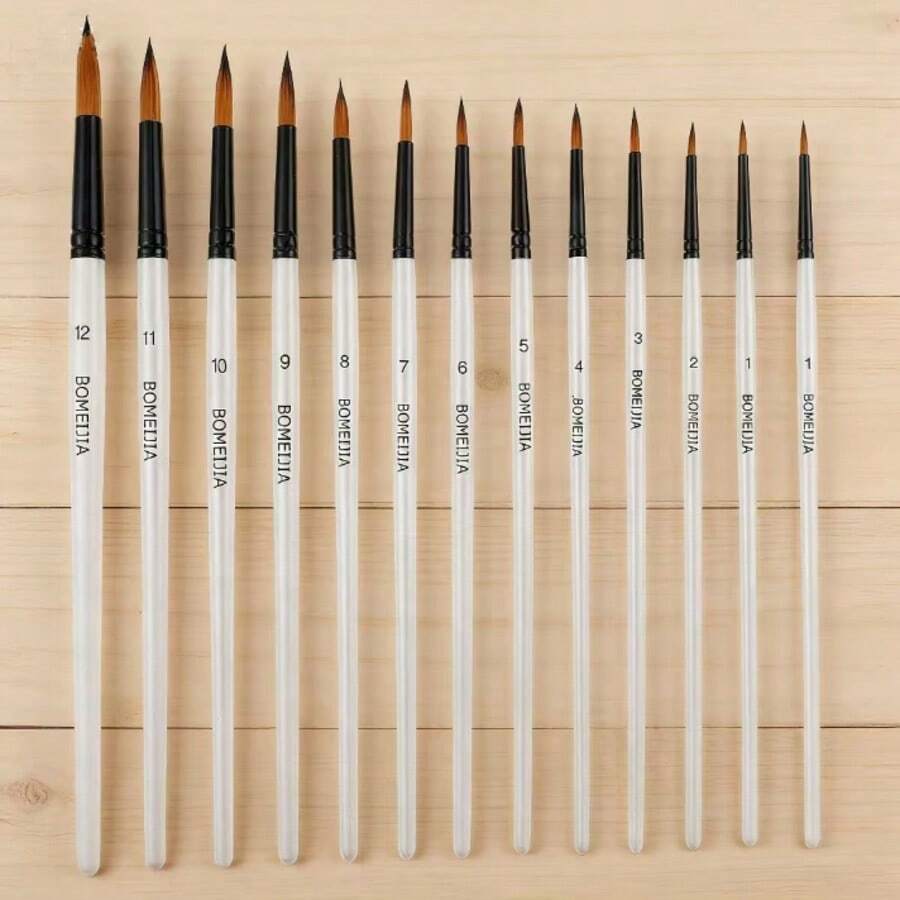  12Pcs Art Paintbrush Set Long Handle Pearl White Multishape(Pointed/Flat/Oblique/Round) Professional Painting Brushes - Multicolor - View 1