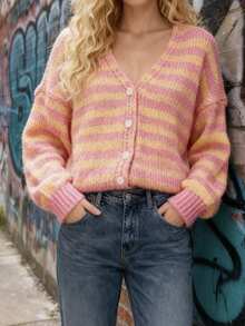 Women's Sweater Cardigan Casual Button Down Fall Lantern Long Sleeve V Neck Striped Knit Jacket - Pink - View 1