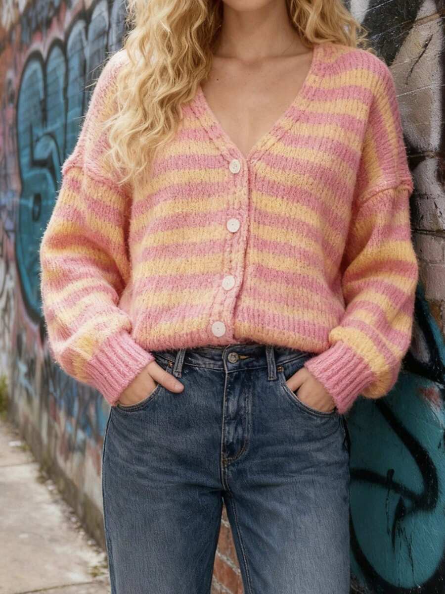 Women's Sweater Cardigan Casual Button Down Fall Lantern Long Sleeve V Neck Striped Knit Jacket - Pink - View 1