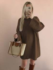 女士优雅宽松针织毛衣连衣裙，灰色圆领长袖，简约休闲，穿着舒适，适合日常和户外活动 - 棕色 - 查看 6