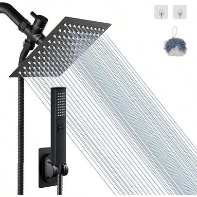 8'' Matte Black Shower Head With Hose 2 In 1 Setting High Prure Shower Heads Anti-Leak Rainfall Shower Head With Holder Dual Rain Shower Head With Handheld Spray Bellearlly