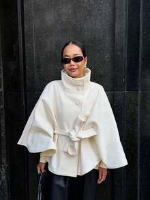 Women's Elegant Solid Color Stand Collar Belted Short Cape Jacket, Solid Color Belt, Front Button Closure, Suitable For Daily Wear - Beige - View 3