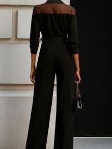 Vuslat 女士黑色升级版西装领连衣裙 - 透明袖子，腰部系带，阔腿裤，时尚优雅连体裤，适合派对、工作、休闲、通勤、办公室、情人节等场合。 - 黑色 - 查看 2